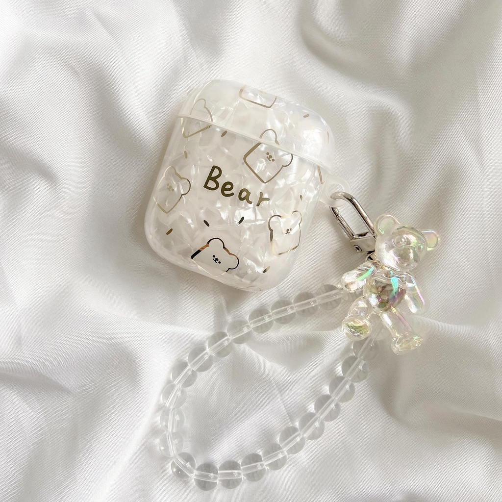 Vỏ Bảo Vệ Hộp Sạc Tai Nghe AirPods 1 2 pro 3 2021 gen3 Họa Tiết Gấu Màu Trong Suốt Gắn Dây Ngọc Trai