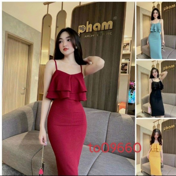 Đầm 2 dây body bèo tầng chất thun gân l mềm