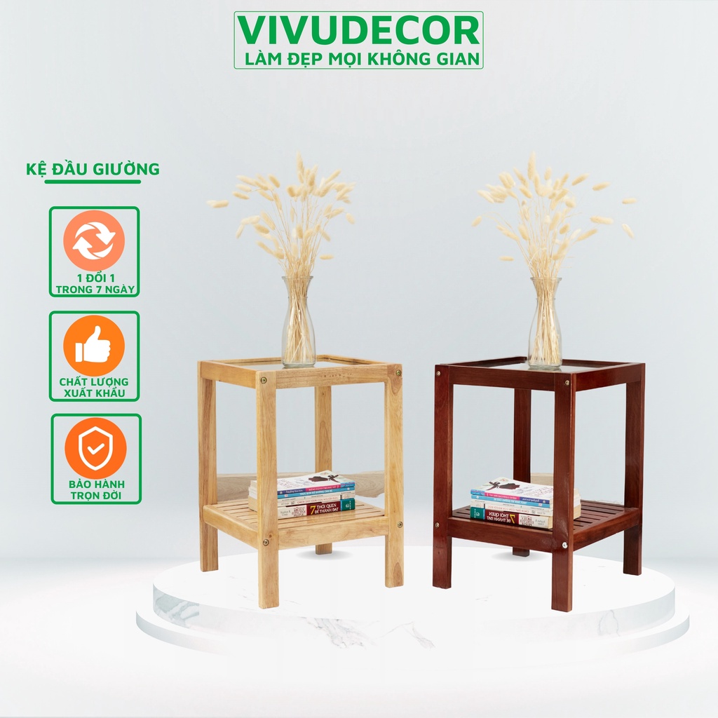 Kệ đầu giường Vivudecor 100% gỗ tự nhiên, Kệ gỗ 2 tầng lắp ráp đa năng sang trọng chất lượng Xuất Khẩu