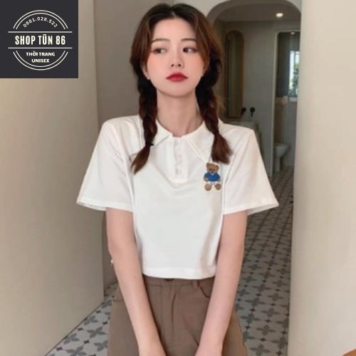 Áo croptop cộc tay dưới 55kg cocastore - Áo polo thêu hình con gấu