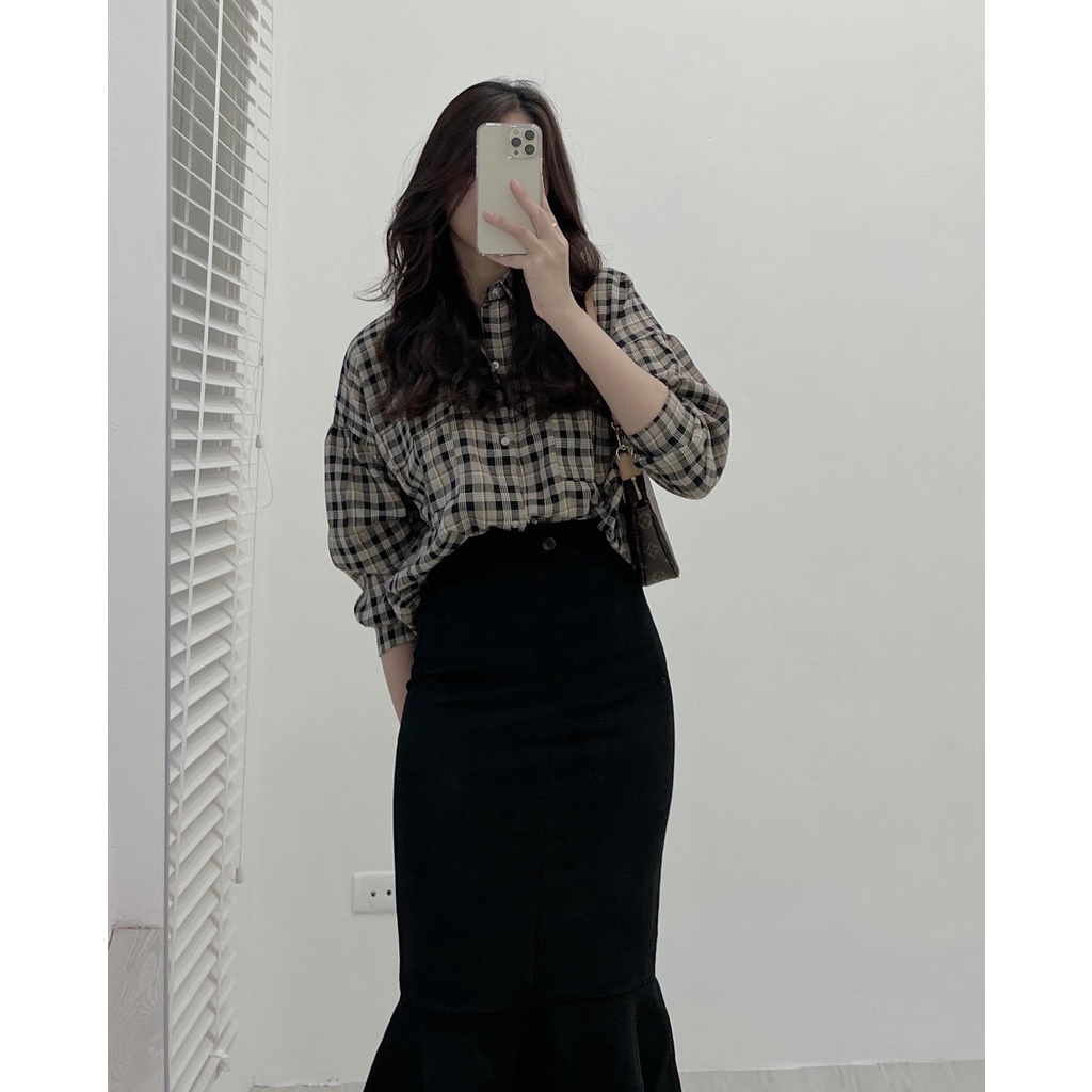 A3712 Áo somi kẻ caro Audrey