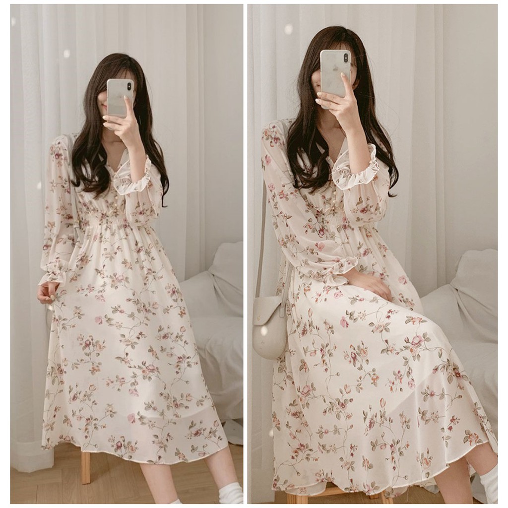 Váy Hoa Ullzang Dáng Dài Cổ Tim Voan Tơ 💖 𝘍𝘳𝘦𝘦𝘴𝘩𝘪𝘱 💖 Đầm Hoa Nhí Cúc Bọc Vintage LAVUSA | BigBuy360 - bigbuy360.vn