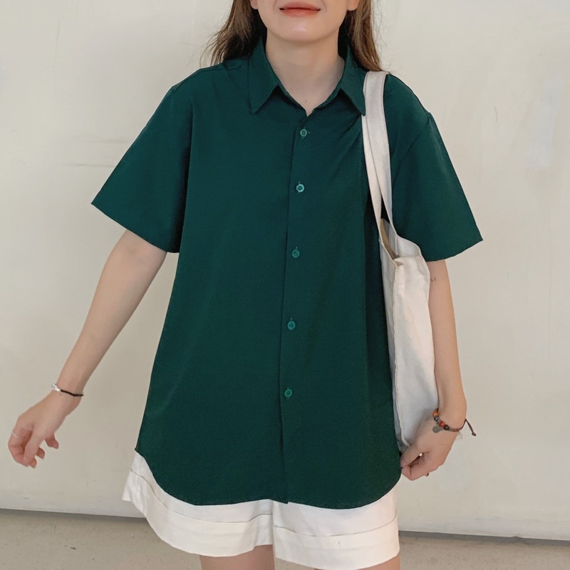 Áo Sơ Mi Trơn Tay Ngắn Form Rộng 4 Màu Nam Nữ Unisex