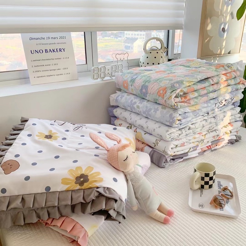 Bộ ga gối chăn trần cotton đũi bèo mềm mịn cho mùa hè,Bộ 4 món ga gối chăn trần mềm mị