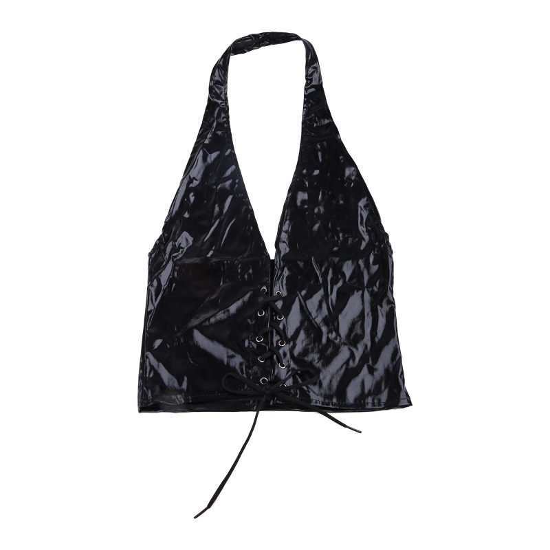 Áo Croptop Giả Da Không Tay Cổ Chữ V Hở Lưng Phong Cách Punk Gợi Cảm Cho Nữ