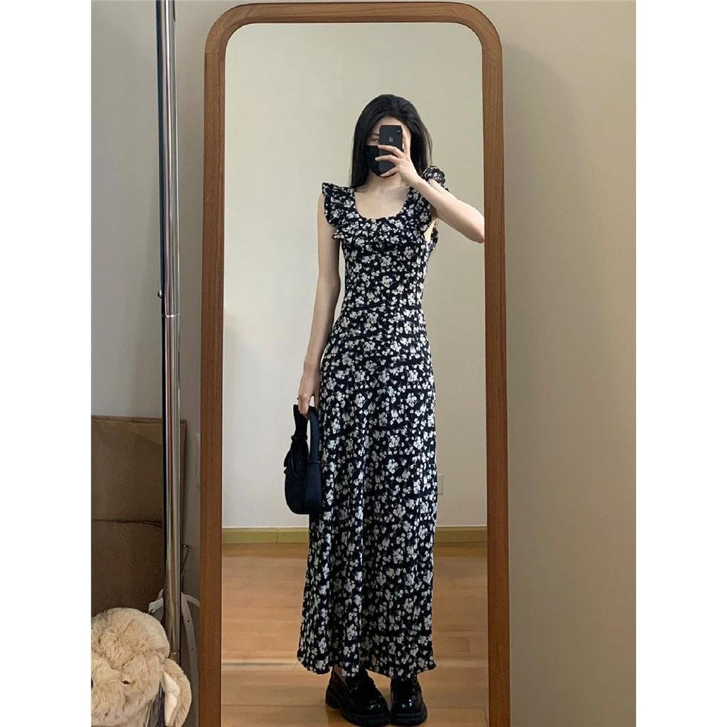 Đầm Đen Dáng Ôm In Hoa Phối Bèo Nhún Kiểu Pháp 62470