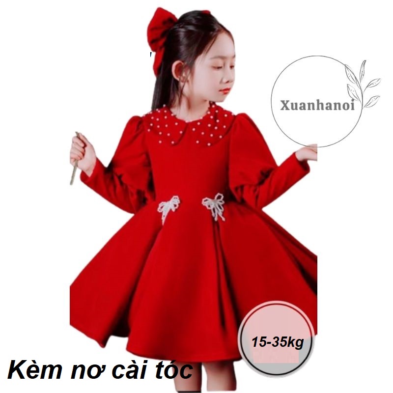 Váy bé gái nhung Kèm nơ cài tóc tay bồng đính ngọc diện Noel diện tết size đại 15-35kg XHN831
