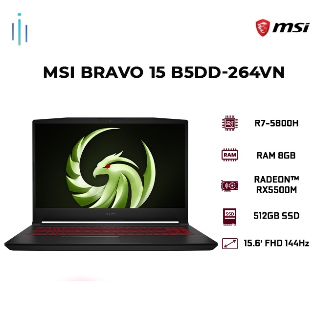 [ELGAME20 giảm 10%] Laptop MSI Bravo 15 B5DD-264VN (R7-5800H | 8GB | 512GB | Radeon™ RX5500M 4GB | 156' FHD 144Hz | W11