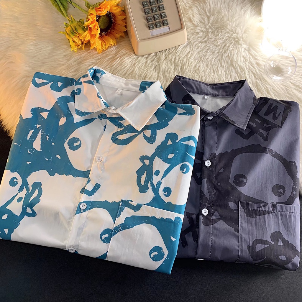 Áo sơ mi tay dài dáng rộng cài khuy kiểu Hồng Kông đường phố cá tính cho nam