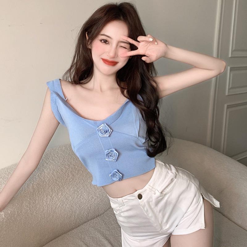 Áo Tank Top Dệt Kim Cổ Chữ V Màu Sắc Đơn Giản Cho Nữ