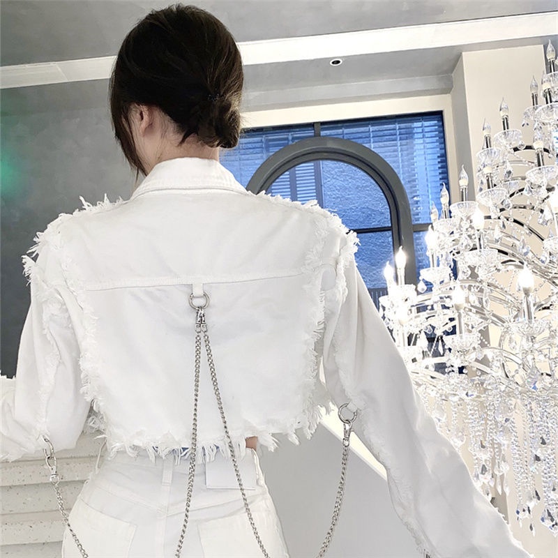 Áo Khoác Denim Ngắn Viền Xích Có Thể Tháo Rời Thời Trang Xuân Thu Cho Nữ