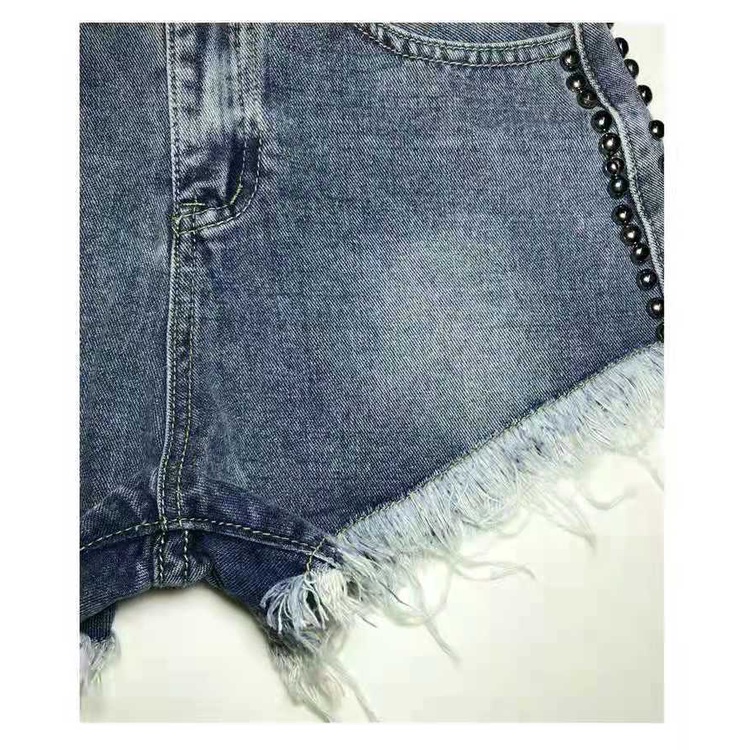 Quần Short Denim Lưng Cao Dáng Rộng Viền Rách Đính Hạt Phong Cách Hàn Quốc Mới Cho Nữ