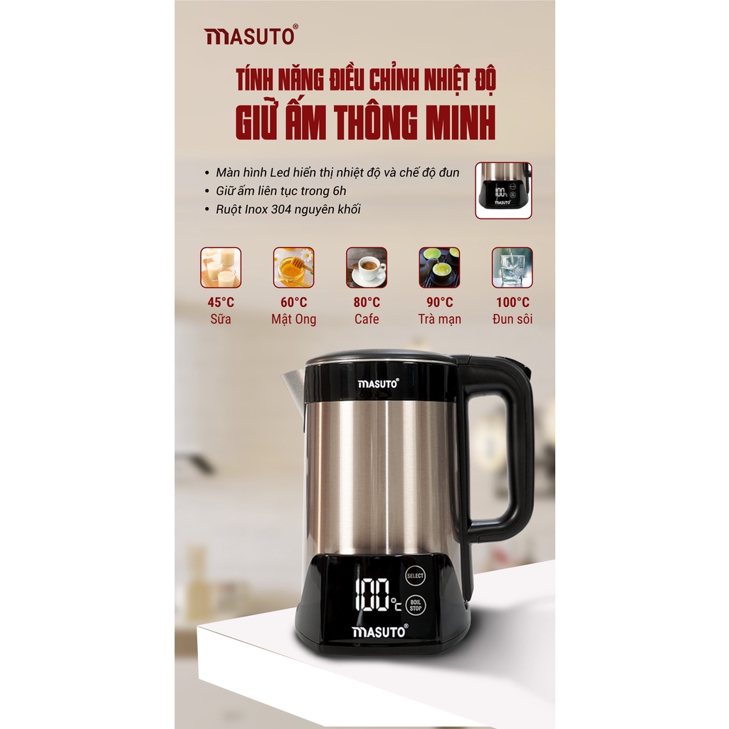 Bình ấm siêu tốc điện Masuto 1,5L giữ nhiệt tự động 2 lớp chống bỏng