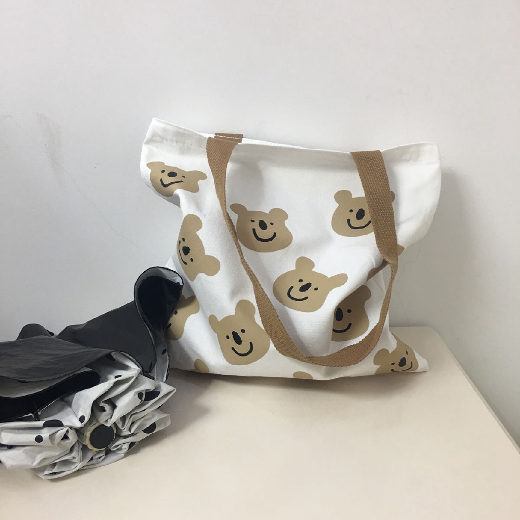 Túi Xách Vải Canvas In Hoạ Tiết Gấu Hoạt Hình Dễ Thương Xinh Xắn 22010