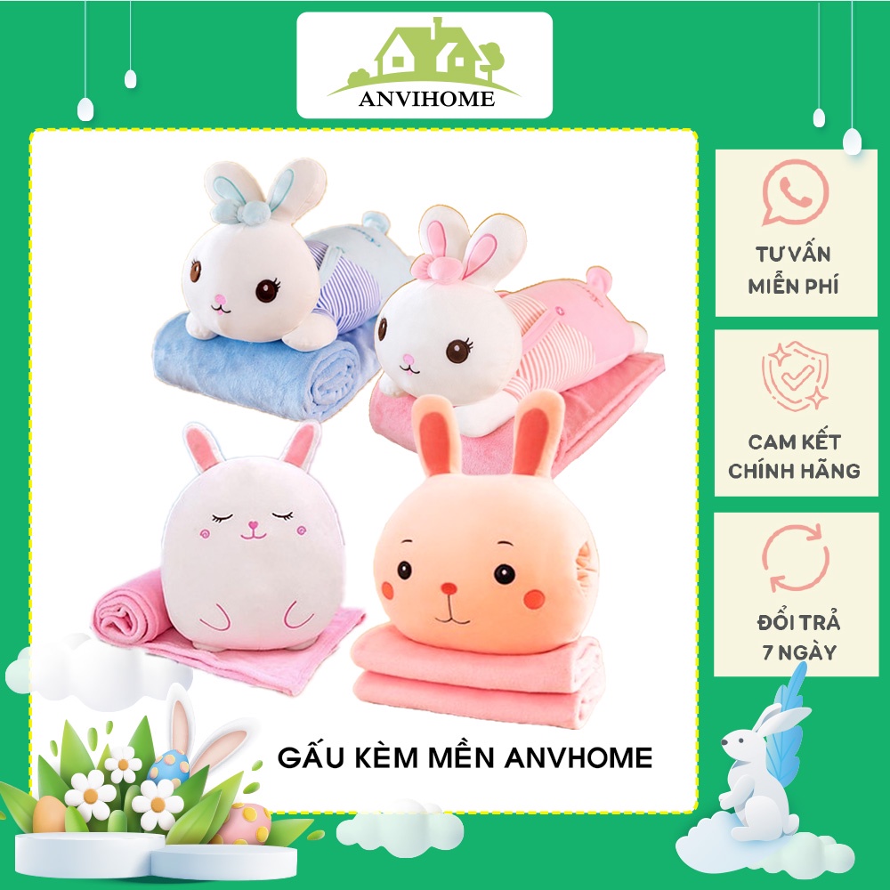 Bộ chăn gối văn phòng gấu bông có mền hình thỏ trắng ANVIHOME