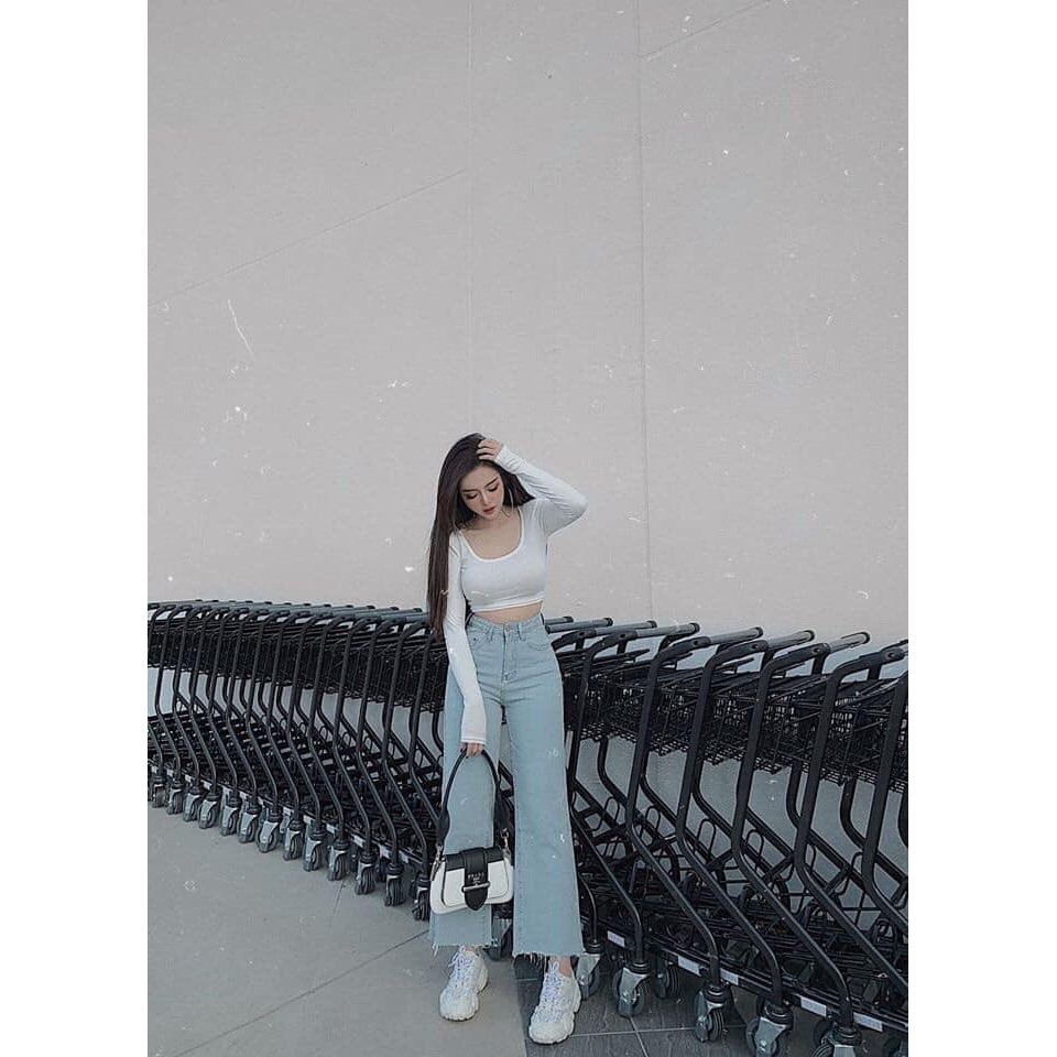 Áo thun lụa croptop tay dài cổ vuông dáng croptop xinh tôn dáng xinh xinh