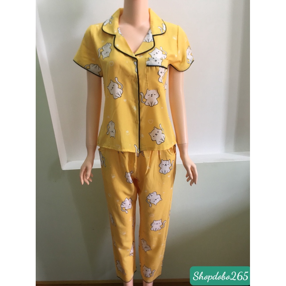 Đồ bộ nữ,đồ ngủ,đồ bộ pijama vải lụa mặc nhà tay cộc quần dài họa tiết đáng yêu.