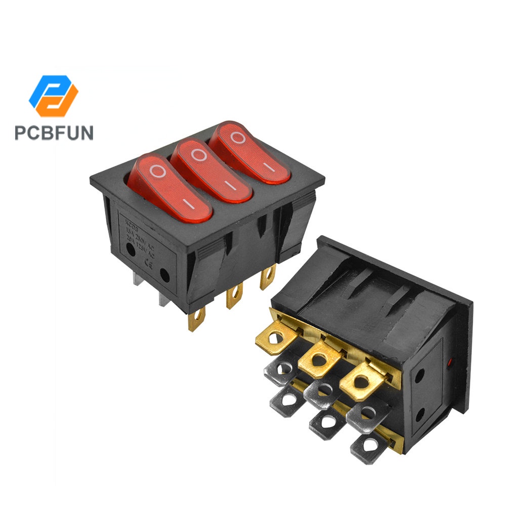 Pcbfun KCD3/33 * 40mm - Triplex 2 stop 9 chân đồng - Đèn dải đỏ - 15A/250V
