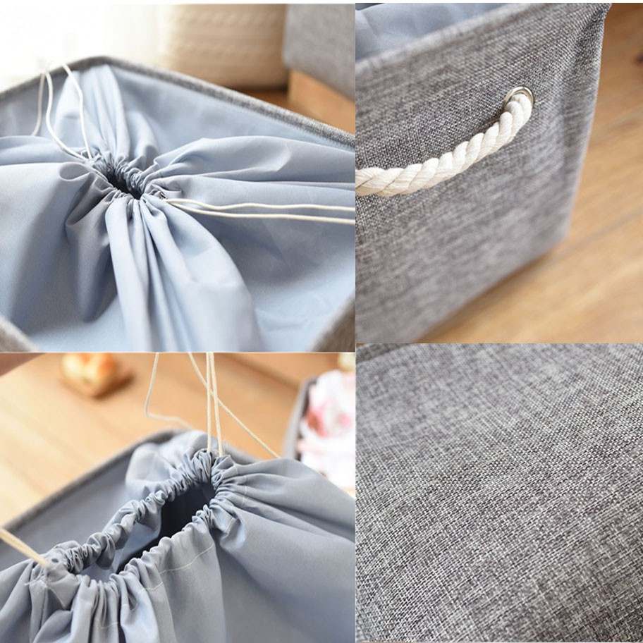 Giỏ đựng đồ 2 lớp vải cotton linen dày có dây rút size lớn