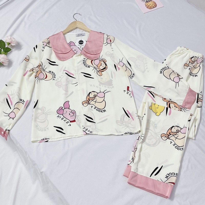 Đồ bộ ngủ pịjama tay dài quần dài cổ sen 2 lá lụa Mango Sam | BigBuy360 - bigbuy360.vn