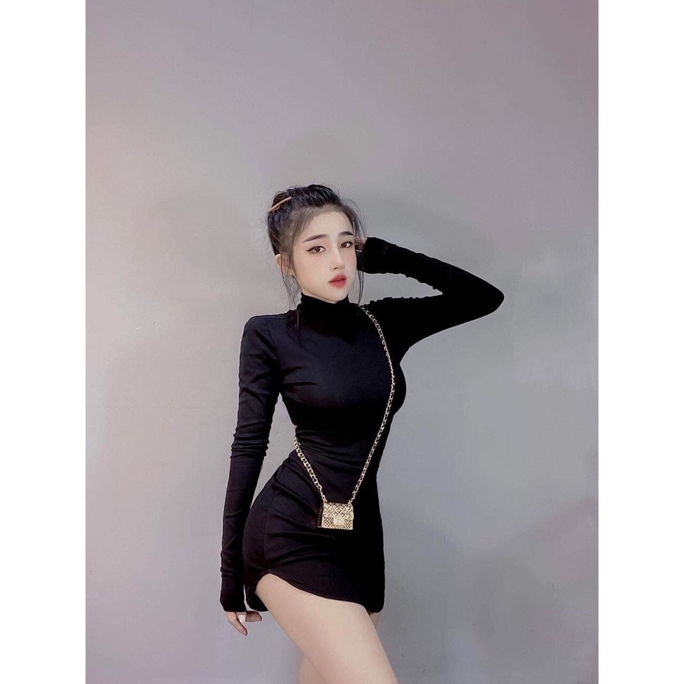 Đầm gân ôm body kiểu hở lưng cổ lọ tay dài