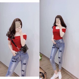 Áo phông cổ chéo,lệch vai ảnh thật