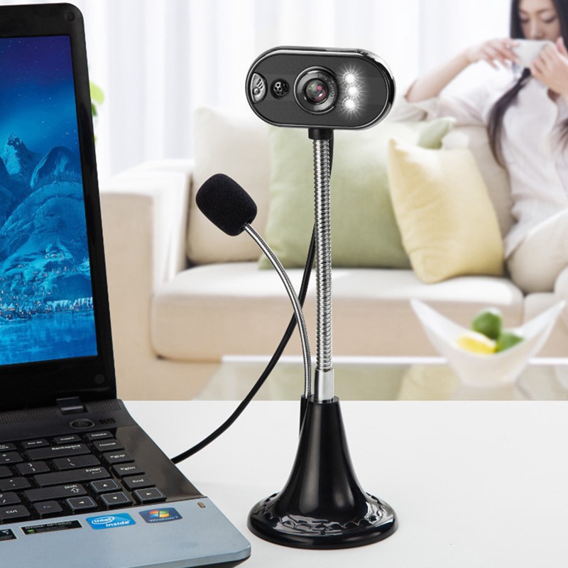 Webcam HD gắn đèn LED tầm nhìn ban đêm kèm micro gắn máy tính để bàn hỗ trợ dạy học và làm việc trực tuyến