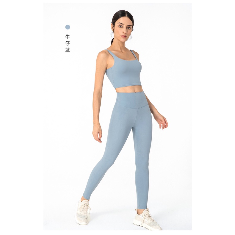Set áo lót cổ chữ u đan dây lưng + quần legging thể thao lưng cao cho nữ