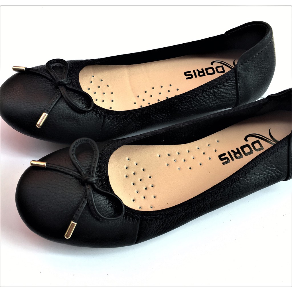 Giày búp bê nữ ❤️FREESHIP❤️ da thật mũi tròn gắn nơ nhỏ màu đen DORIS DR007. | BigBuy360 - bigbuy360.vn