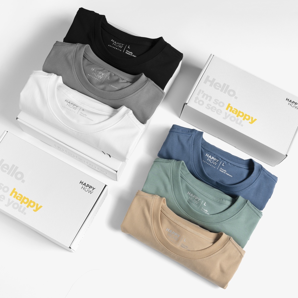 Áo thun nam cổ tròn in HappyHow vải Cotton co giãn,dày dặn, form regular fit - Hàng nhập khẩu