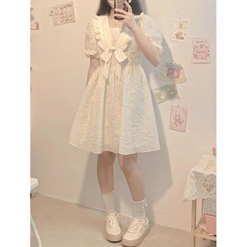 Đầm Babydoll Búp Bê Tay Phồng Đính Nơ Eo Thời Trang Phong cách Công Chúa Váy Nữ