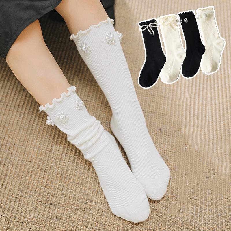 Vớ Cotton Màu Trơn Đính Ngọc Trai Cho Bé 3-12 Tuổi