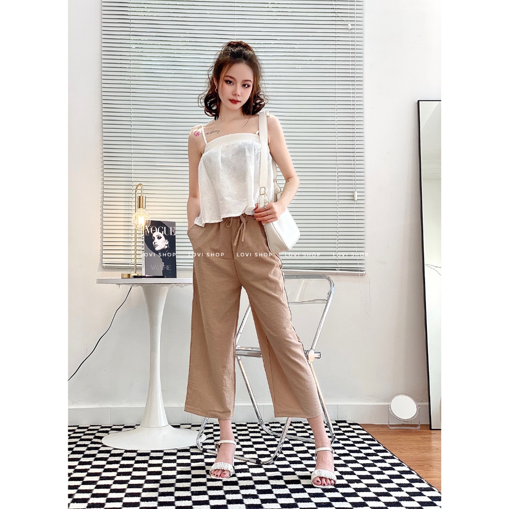 Quần culottes vải đũi lưng thun dáng lửng 9 tấc 3 màu Lovi