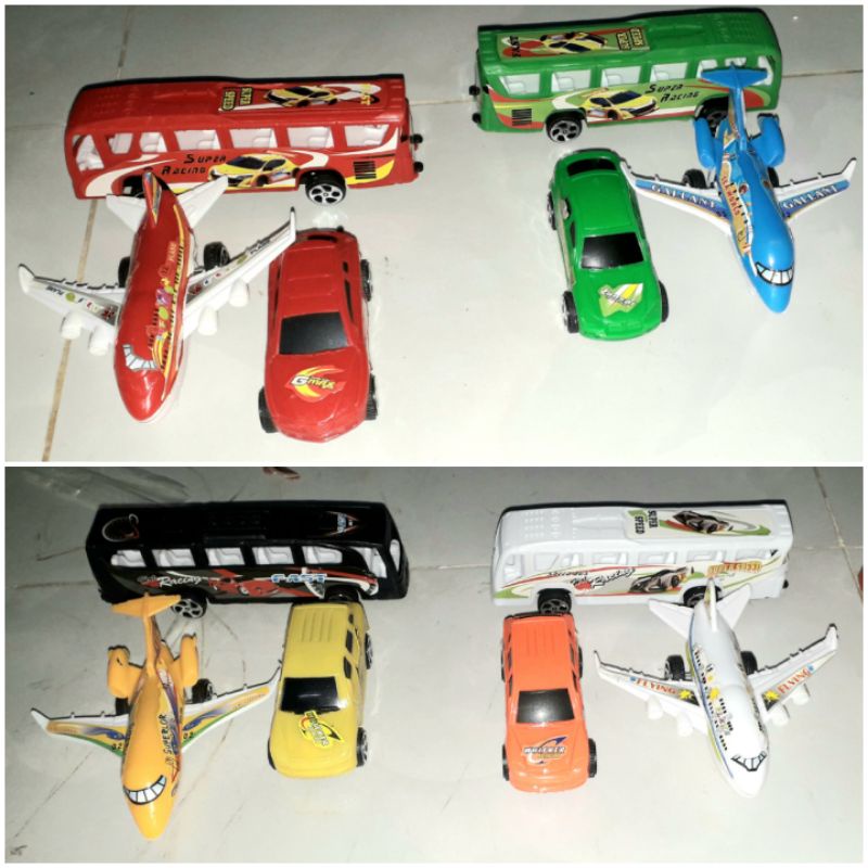 Sét 3 chiếc mô hình xe+máy bay+tàu bằng nhựa chạy chớn mini