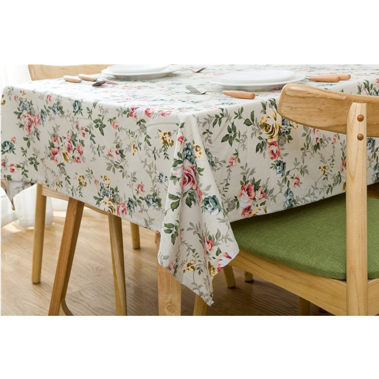 [Size lớn] Khăn trải bàn vải canvas nền trắng dày cao cấp có viền mép hoạ tiết hoa hồng dây phong cách vintage [T031]