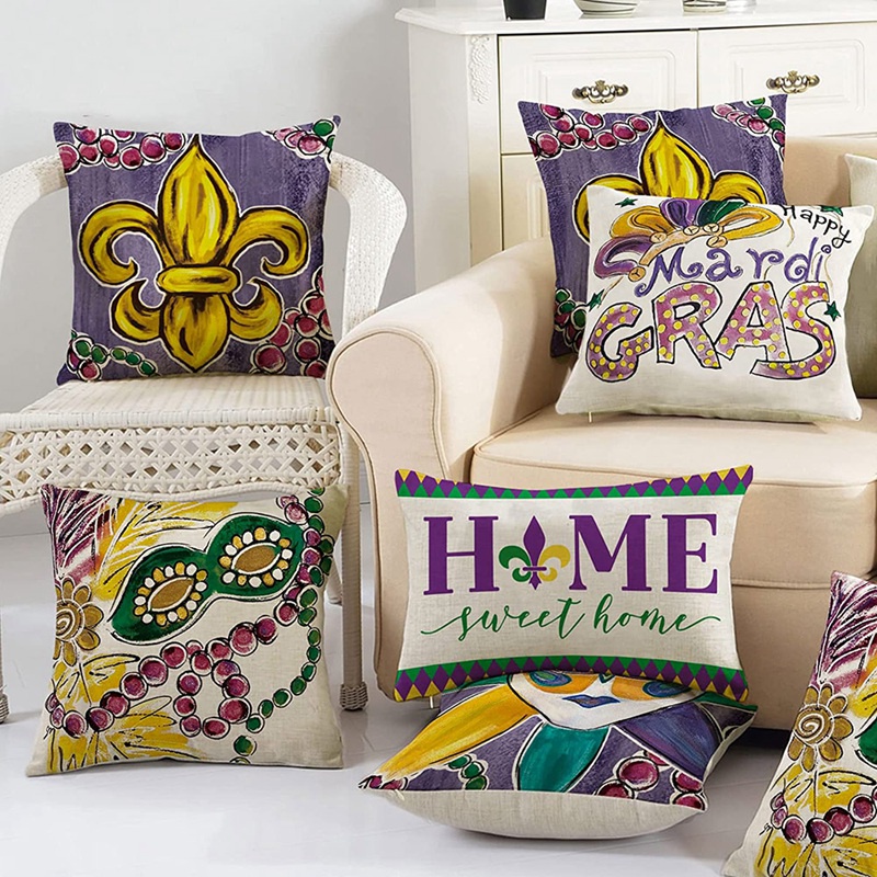 Bộ 4 Vỏ Gối Và Đệm Hạt Cườm In Hình Colorlife Mardi Gras Fleur De Lis Trang Trí Ghế Sofa / Lễ Hội