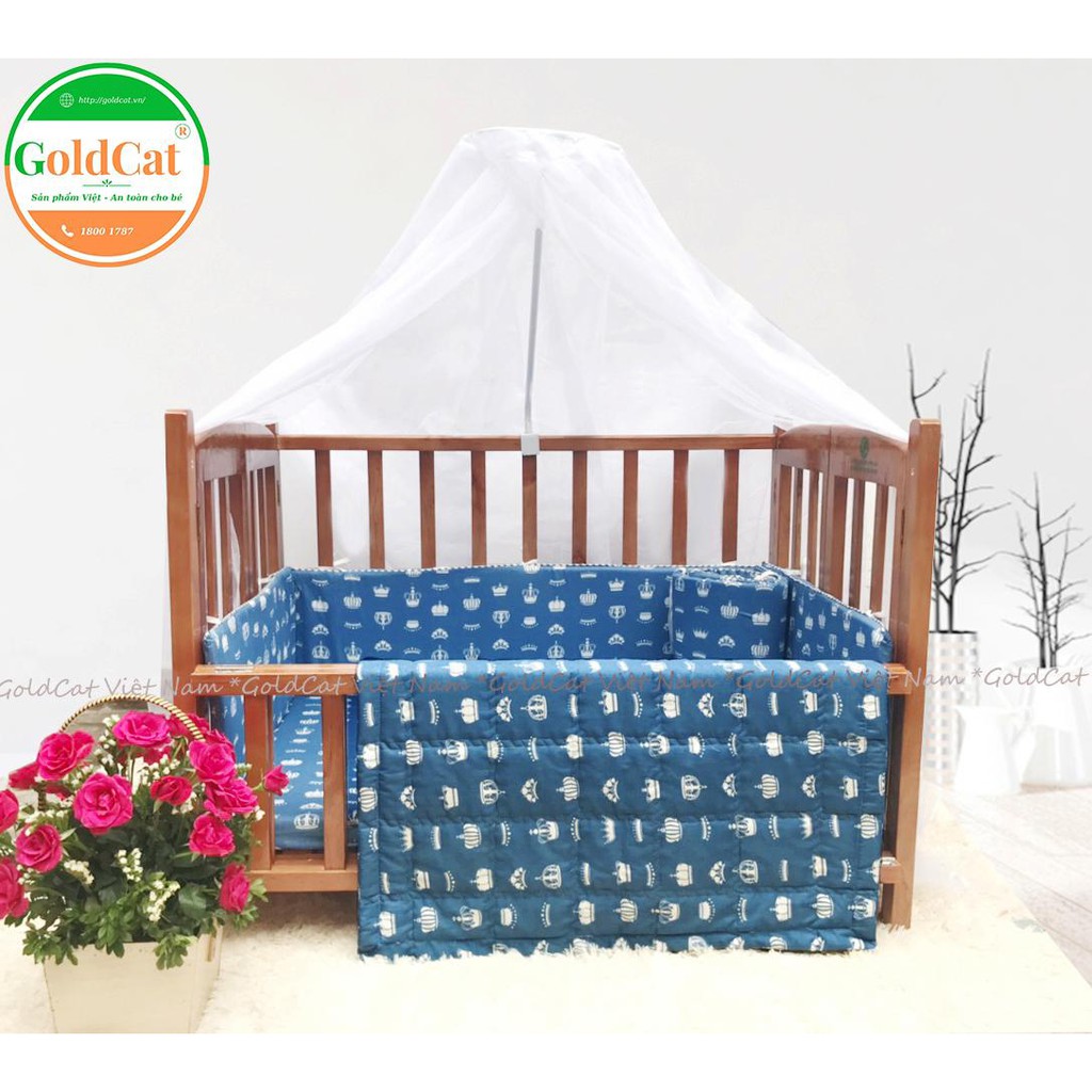 Combo quây cũi - ga vải - chăn trần họa tiết vương miện ghi ( Hình ảnh không bao gồm cũi, đệm, màn)