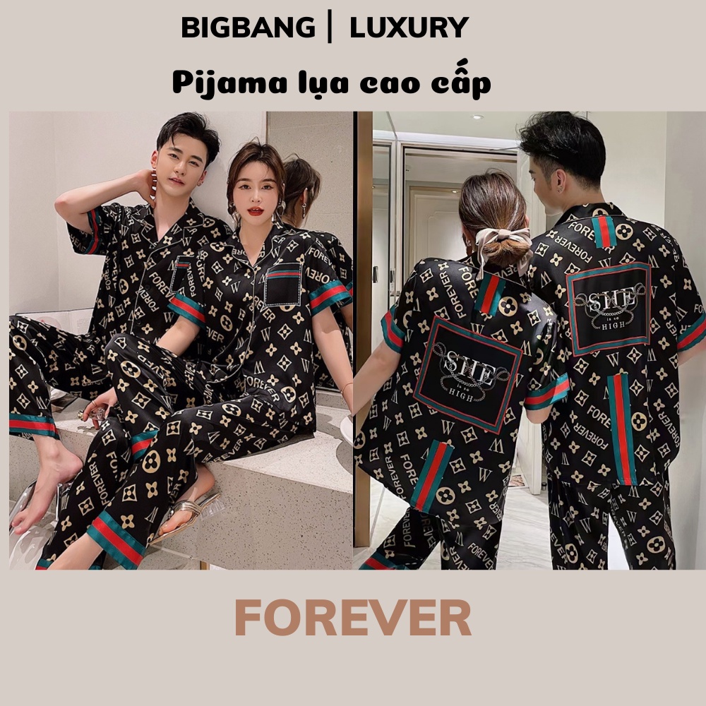 Đồ Bộ Pyjama Áo cộc Quần dài Cao Cấp Bigbang Luxury Dành Cho Nam Và Nữ Chất Lụa Siêu Mát Đồ Ngủ Đôi Lụa Cao Cấp