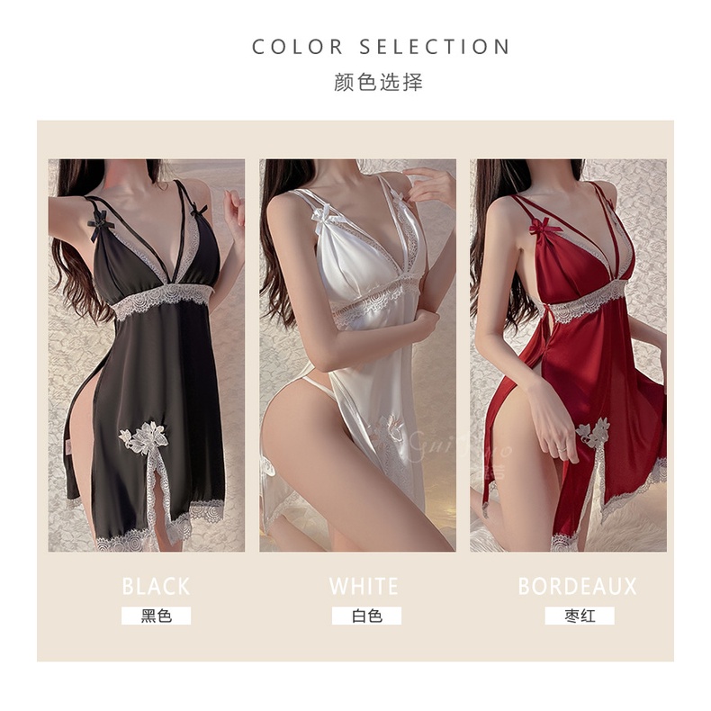 [ Tặng chíp] Đầm ngủ / Váy Ngủ lụa pha ren dây V xẻ đùi Cao Cấp 562