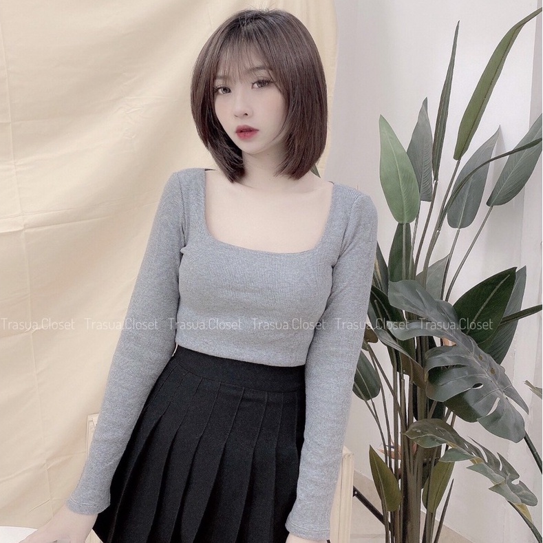 Áo croptop nữ tay dài cổ vuông kiểu ôm body trà sữa closet áo thun nữ crt dài tay đen trắng sexy hottrend hàn quốc TSA34