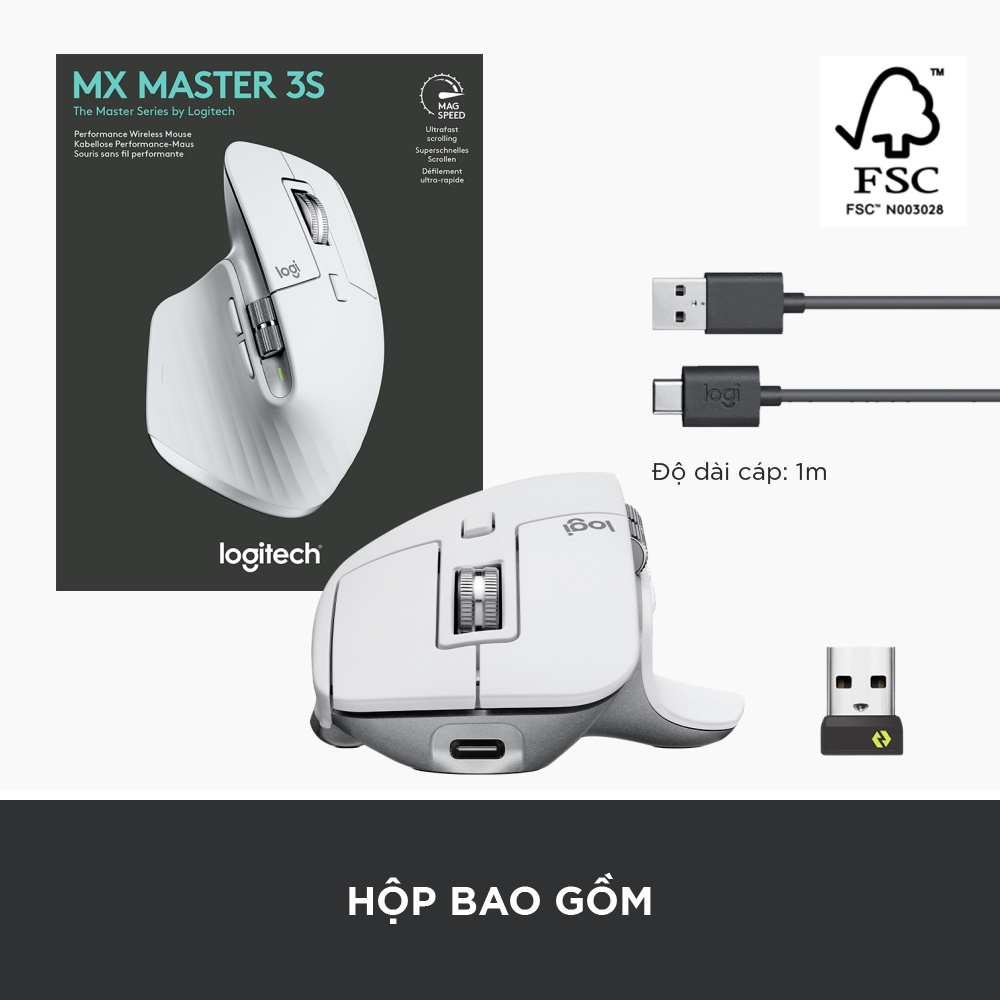 Chuột không dây Bluetooth Logitech MX Master 3s – Yên tĩnh, 8K DPI, Cuộn siêu nhanh, sạc USB-C, Win | Mac