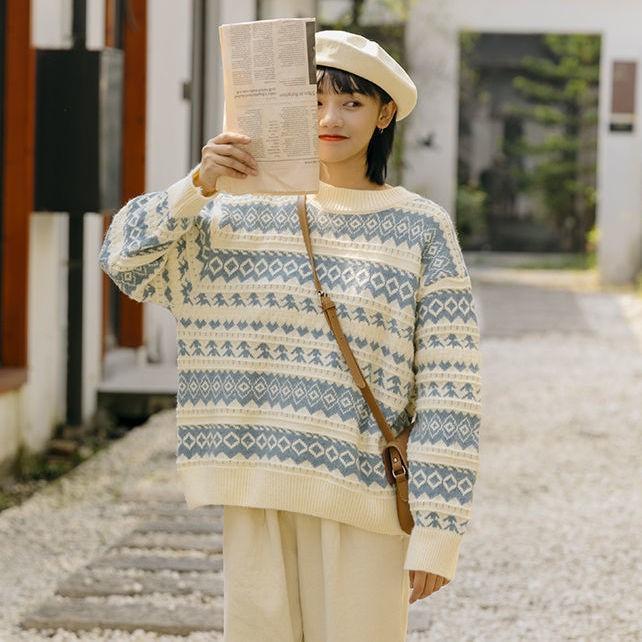 Áo len dáng rộng cổ tròn kiểu học đường phong cách Harajuku cổ điển mới dành cho nữ
