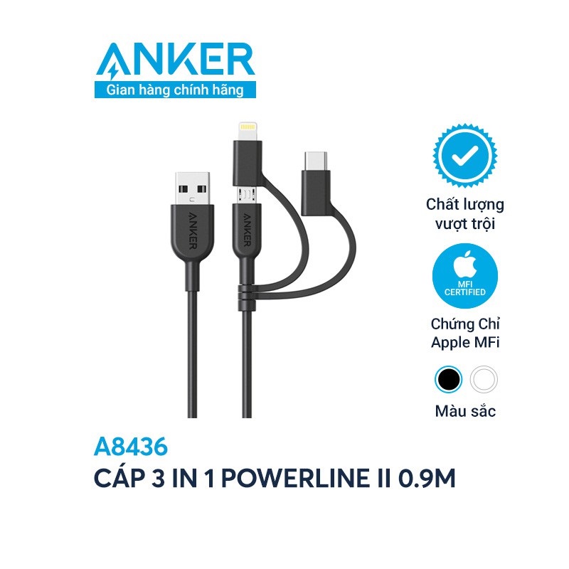 Dây Cáp Sạc 3 Trong 1 MicroUSB / USB Type-C / Lightning Chuẩn MFI Anker Powerline II 0.9m - A8436 - Đen