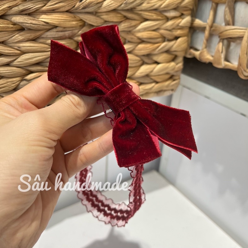 Băng đô turban nơ nhung đỏ hồng handmade cho bé