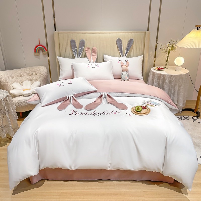 Bộ chăn ga gối phi lụa Tencel  tai thỏ đáng yêu mềm mịn,Bộ phi lụa tensel 4 món cực kì đáng yêu