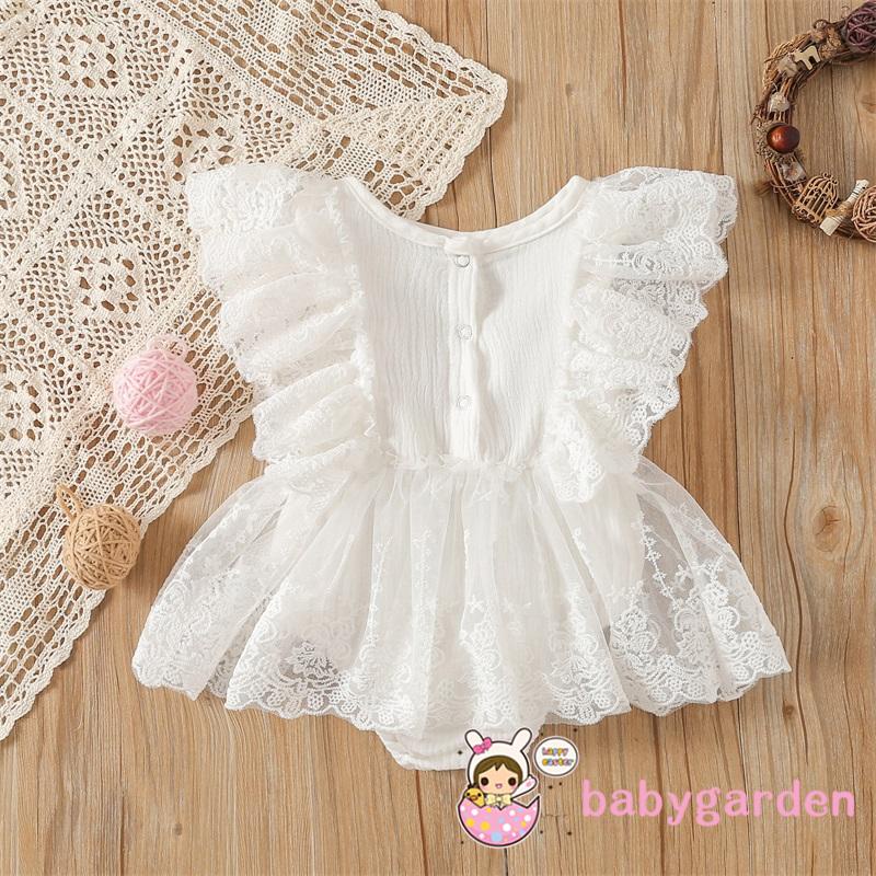 BABYGARDEN-0-18months Baby Girls White Fly Sleeves Round Neck Lace Tutu Romper
