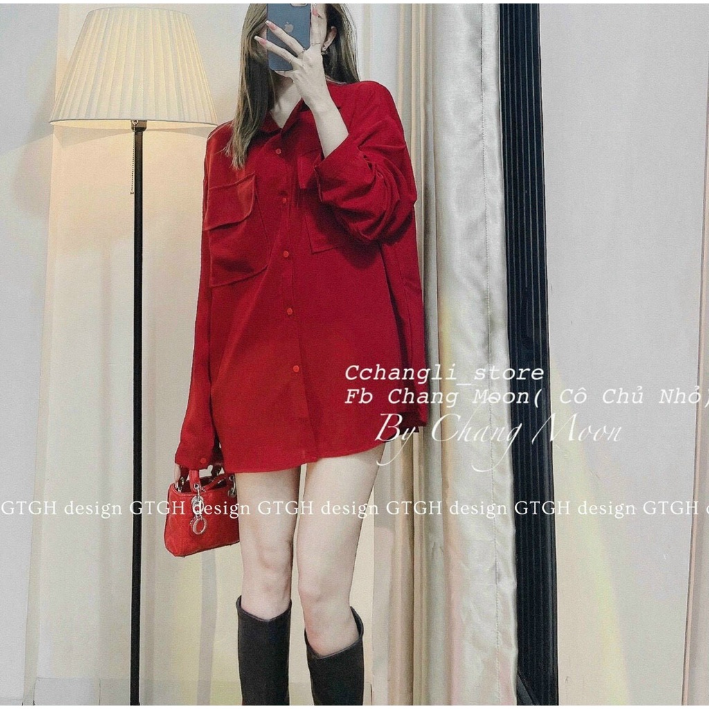 Áo sơ mi basic nữ ulzzang from rộng,áo sơ mi túi hộp 2 bên đơn giản, áo màu trắng đỏ đi chơi đi làm thanh lịch, nữ tính