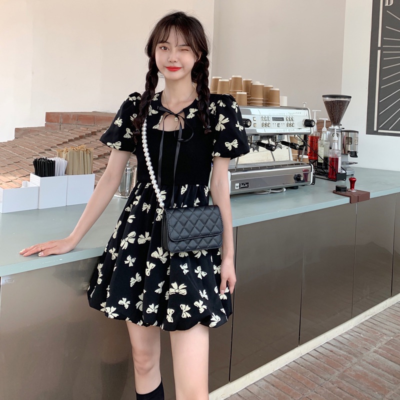 Đầm IELGY ngắn tay in hoạ tiết đính nơ thời trang phong cách Pháp cho nữ