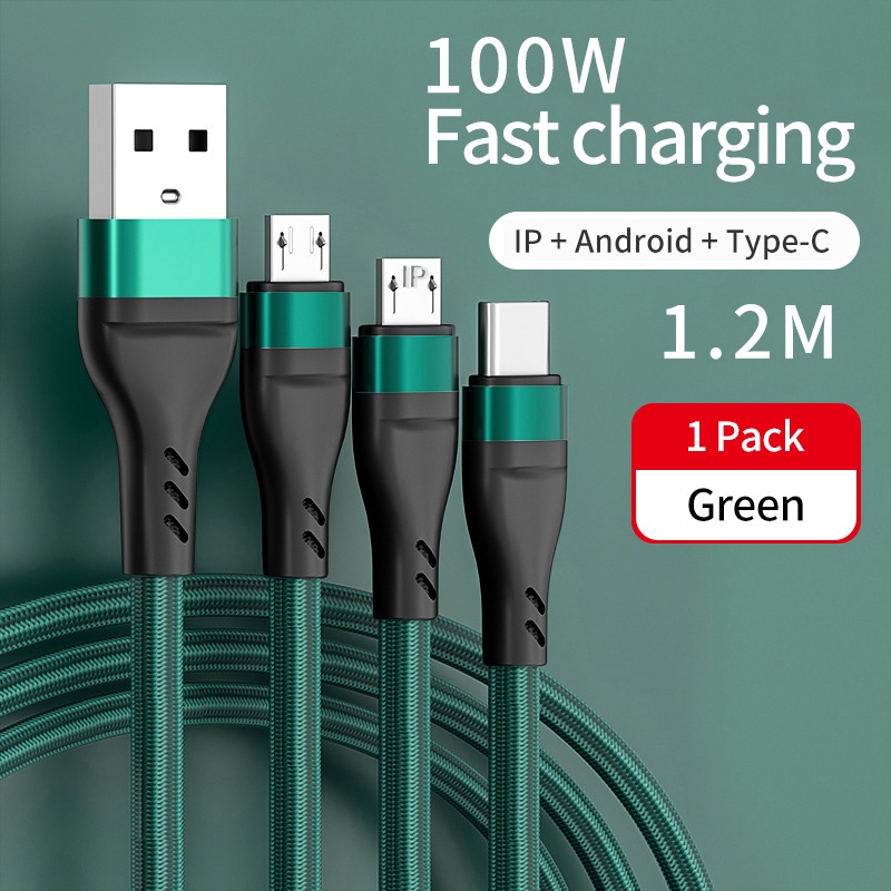 Dây Cáp Sạc Truyền Dữ Liệu Micro USB Type C 100W 3 Trong 1 Cho Điện Thoại iPhone 13 Pro Xiaomi Huawei 6A