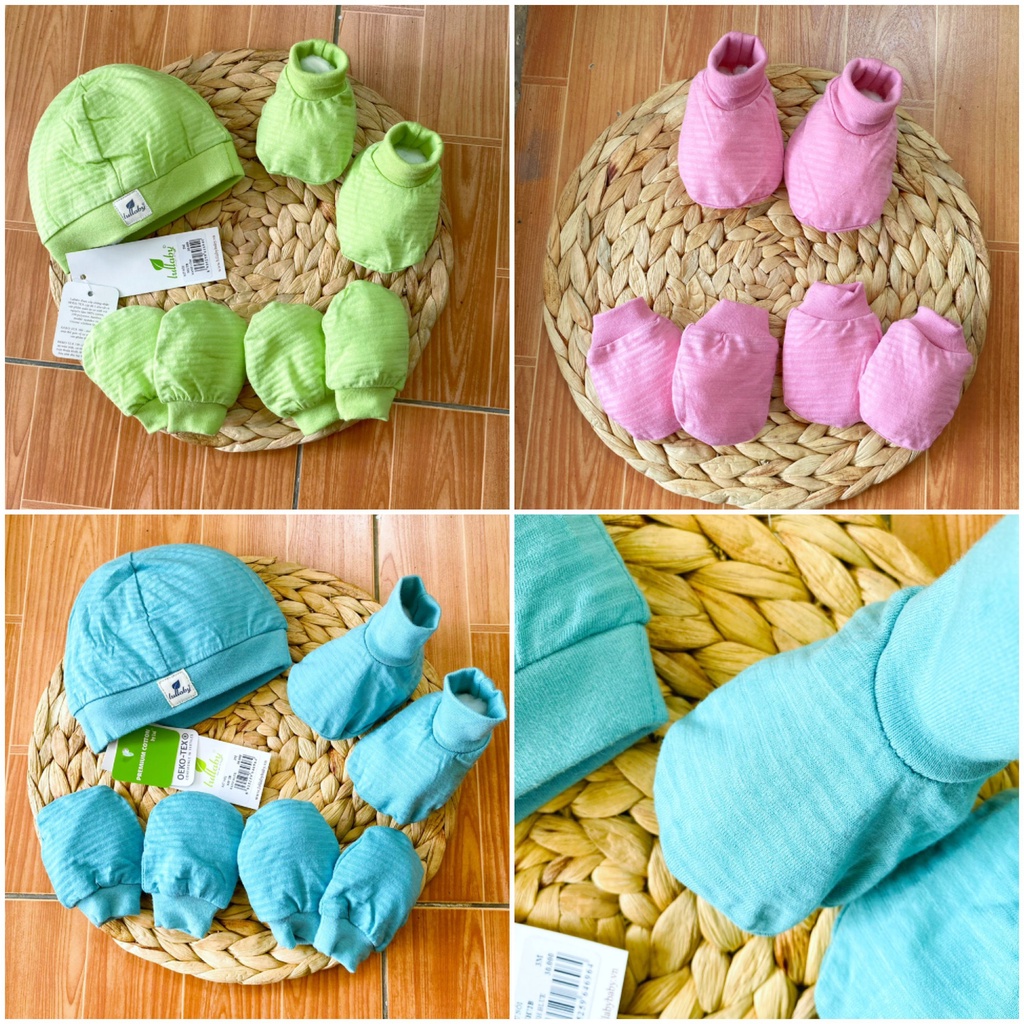 Bao tay bao chân sơ sinh và mũ vân thoáng Lullaby chất cotton cho bé
